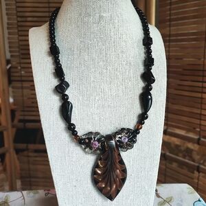 Black Vintage Venetian Blown Glass Wedding Cake Beads Obsidian Copper Necklace